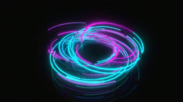 Spinning neon energy rings on black background