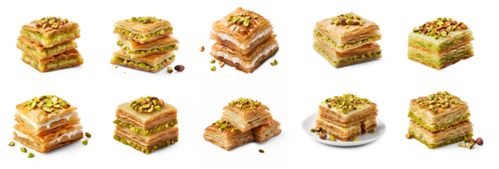 A collection of stacked and arranged baklava pieces with pistachios on top.
