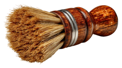 Wooden Handle Bristle Brush: A close-up shot of a high-quality wooden handled brush with natural bristle. The brush features a dark reddish-brown wooden handle with silver rings, and soft.