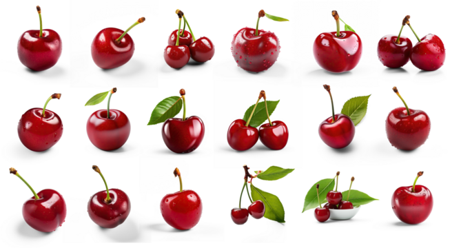 A collection of cherries with varying orientations and positions on a transparent background