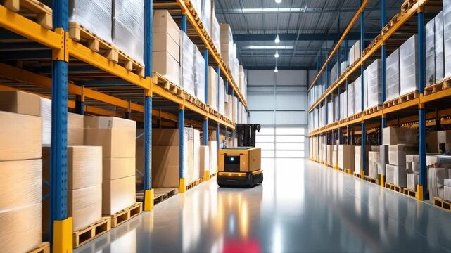 Automated guided vehicle moving boxes on shelving inside a bright industrial warehouse with white floors and distant roll up door.