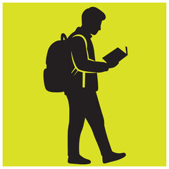 Silhouette of a student walking and reading a book with a backpack on a yellow background