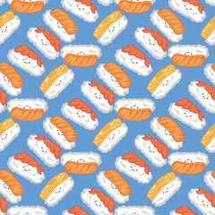 Seamless pattern with sushi and rolls on a blue background.