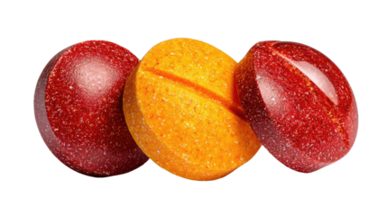 Red and Orange Tablets: Close-up shot of three round tablets, one orange and two red, showcasing their texture and color.  The pills are arranged in a visually appealing way. 