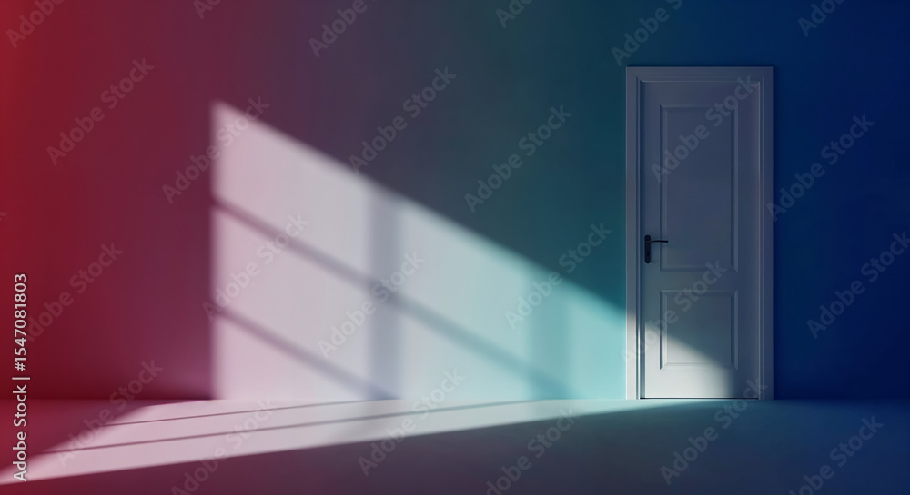 Poster white closed door in a room with colorful walls and window shadow