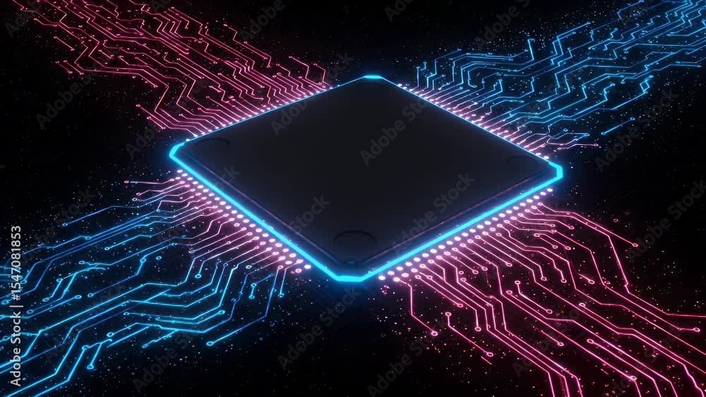Poster circuit board with glowing neon lines and a central processor
