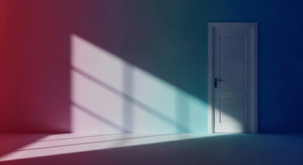 Obraz premium White closed door in a room with colorful walls and window shadow