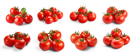 A collection of fresh, ripe tomatoes arranged in various formations on a transparent background