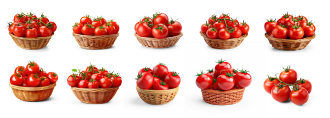 A collection of red tomatoes in woven baskets on a transparent background