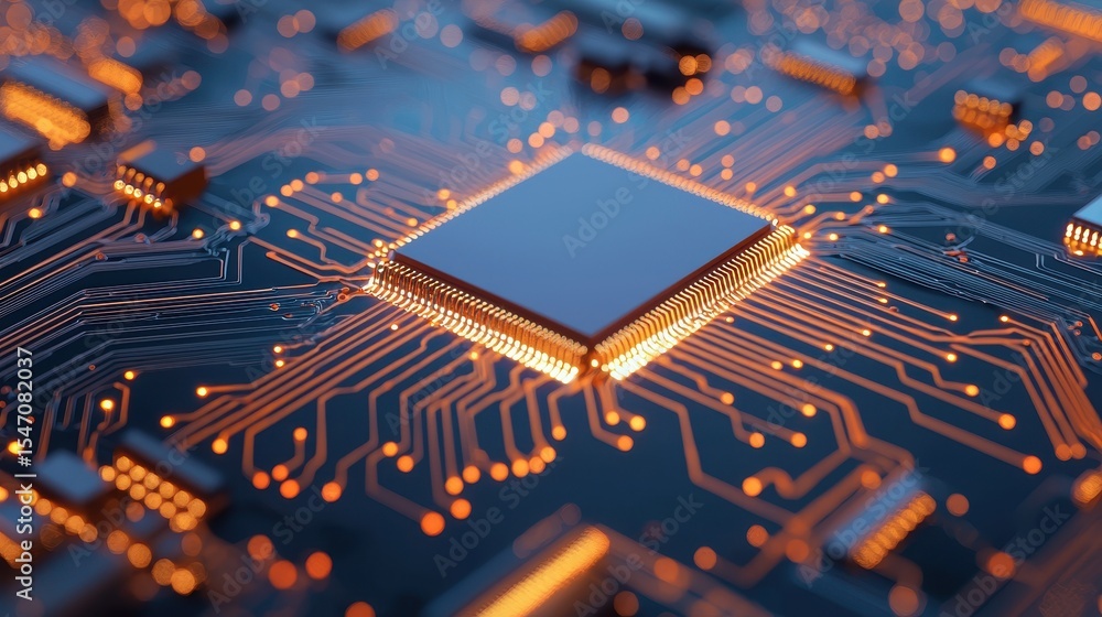 Aufkleber close-up view of a computer circuit board with illuminated microchip and intricate wiring details