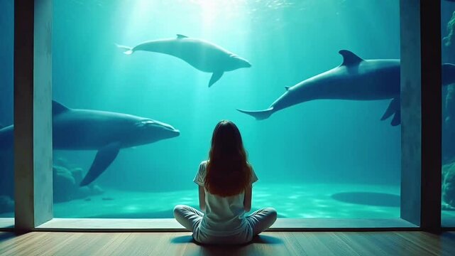 Person sitting cross-legged in front of large aquarium window watching dolphins swim peacefully in blue water