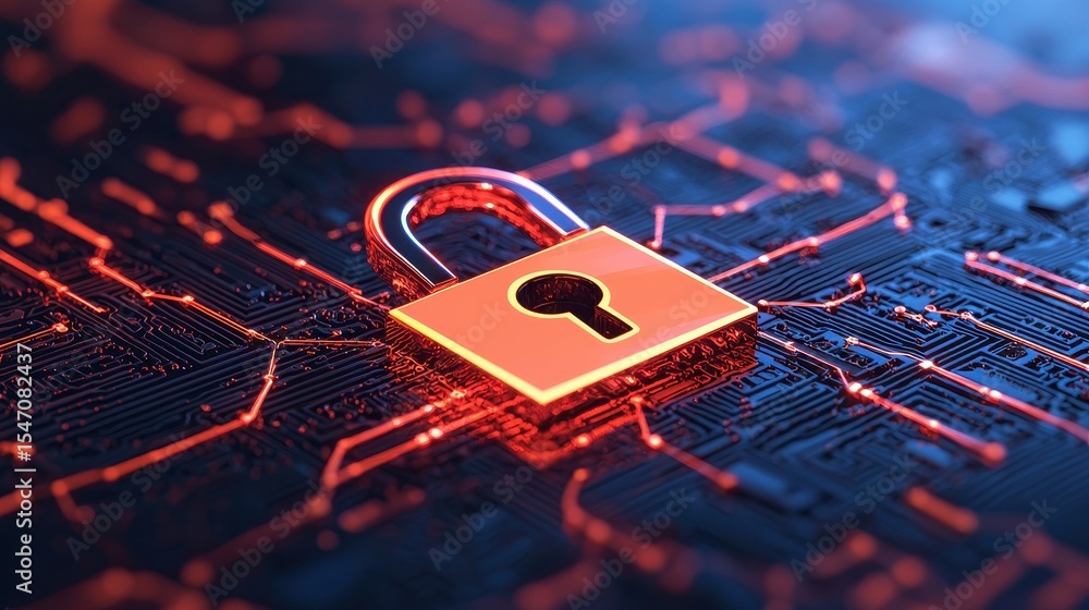 Poster digital padlock on circuit board background symbolizing data security and cybersecurity protection m
