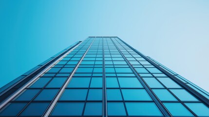 Fototapeta premium Modern skyscraper design with glass facade and clear sky background, viewed from ground level upward perspective