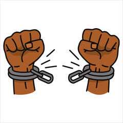 Breaking chains with raised hands vector. Freedom and liberation concept in sketch style.
