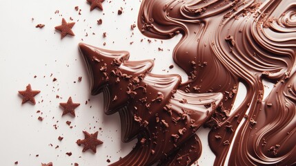 Fototapeta premium festive chocolate tree silhouettes, liquid brown swirls, elegant holiday designs, delicate spiral patterns, minimalist christmas shapes, clean white background, food art photography, glossy chocolate