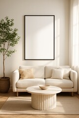 Modern living room interior with beige sofa, coffee table, and large blank frame
