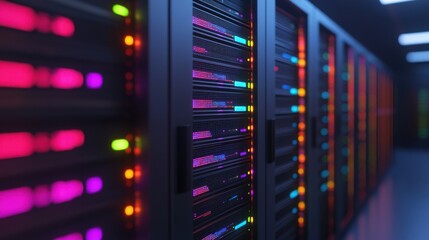 Colorful illuminated server cabinets in a modern data center with advanced technology and digital network systems