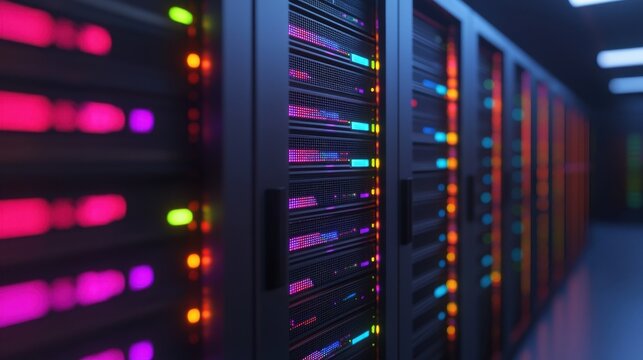 Colorful illuminated server cabinets in a modern data center with advanced technology and digital network systems