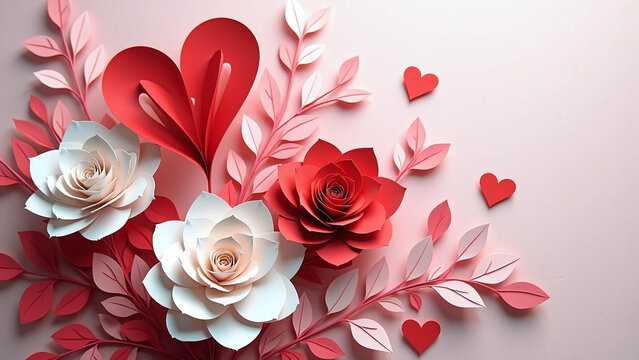Romantic paper flower arrangement with red hearts and soft pink background.