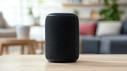 Modern black smart speaker on a wooden table in a stylish living room interior with soft lighting and decor