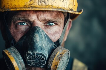 Closeup Portrait Dirty Worker Man Hard Hat Respirator Safety job face dust grit blue eyes gear mask