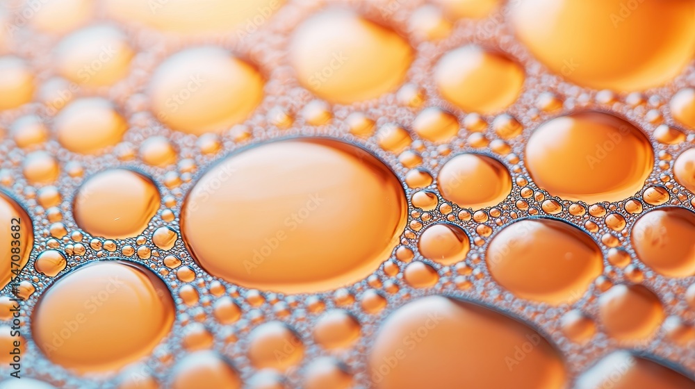 Poster close-up view of colorful water droplets on a smooth surface with soft focus and vibrant background 