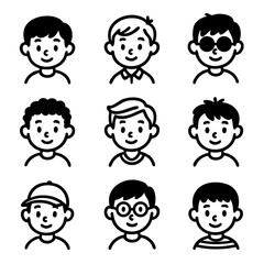 A set of doodle line icons showing different young boys' avatars with various hairstyles, accessories, and facial expressions