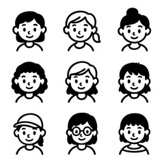 A set of doodle line icons showing diverse young girl avatars with various hairstyles, accessories, and cheerful facial expressions