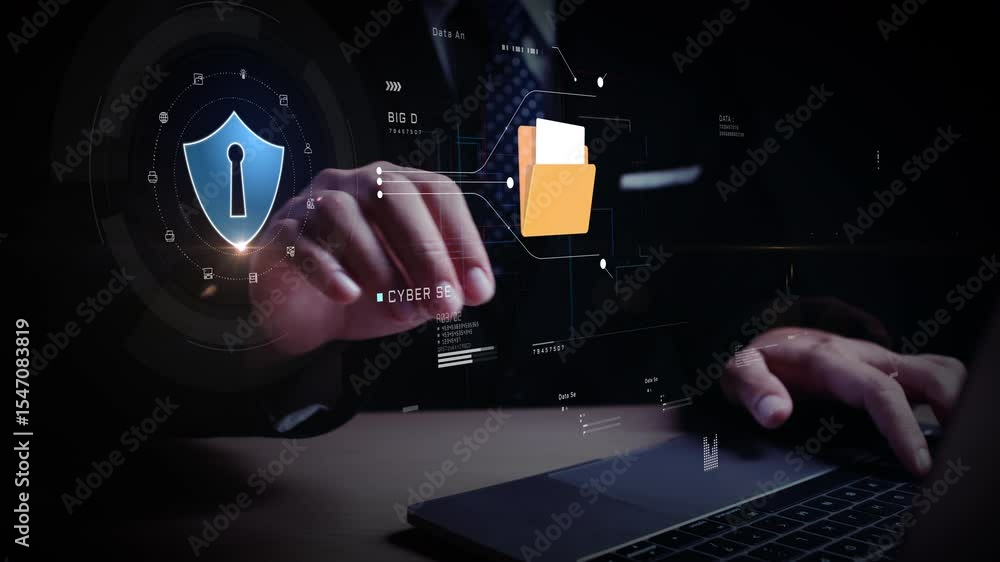 Poster futuristic cybersecurity interface with hands on keyboard, digital file folders, and big data visual