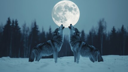 Two Wolves Howling at a Bright Full Moon in a Snowy Forest Landscape During a Serene Night Sky