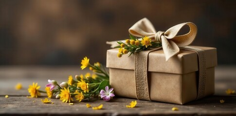 Rustic brown gift box, dried herbs, flowers Wooden background Father's Day , flowers, design, eco friendly