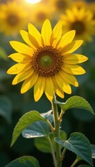 Fototapeta premium Single sunflower, glistening dew drops, soft morning sun, sunrise, morning, wildflower
