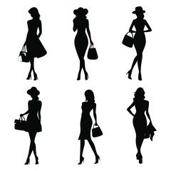 Obraz premium A set of six silhouettes of stylish women in dresses and hats, carrying handbags.
