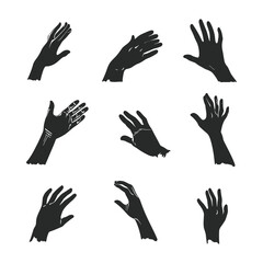 A collection of nine stylized open hand silhouettes with engraved style details.