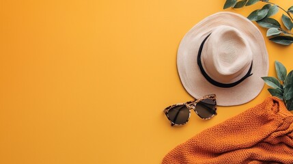 A beige hat and orange scarf on a yellow background with green leaves.