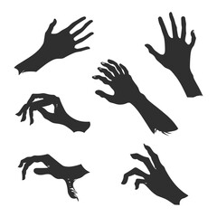 Fototapeta premium A set of six spooky monster or zombie hand silhouettes in creepy, reaching poses.