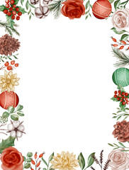 Watercolor Christmas Floral Border Frame with Red Roses and Ornaments