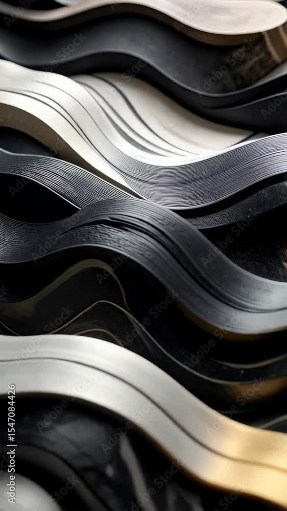 Poster abstract background with layered curving elements in shades of black, white, and gold. textured patt