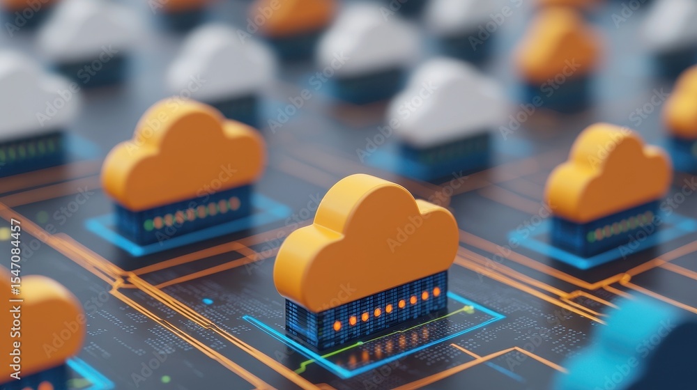 Poster digital cloud computing concept with clouds and servers on futuristic circuit board background