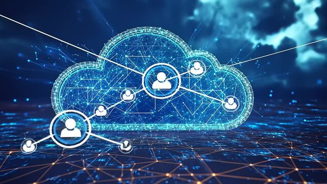 Digital cloud network connecting user icons with glowing lines over a futuristic data landscape - Powered by Adobe