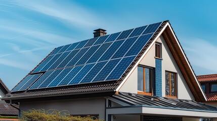 Fototapeta premium Solar panels on a suburban house roof with energy storage for backup power.