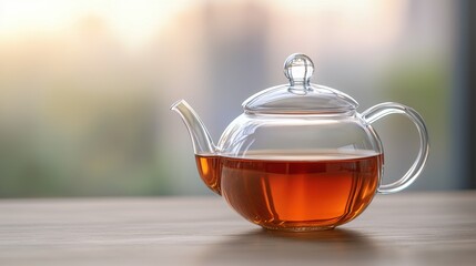 Elegant Glass Teapot with Tea on Wooden Table Against Soft Background in Morning Light