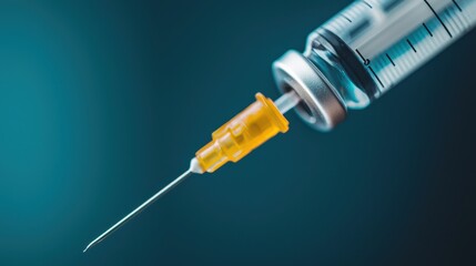Close-Up of a Syringe with Needle for Medical Use and Vaccination on a Gradient Blue Background