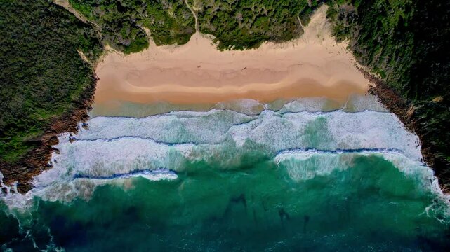 Aerial top view of Zenith Beach, Port Stephens, Fingal Bay, NSW. Crystal-clear turquoise water meets soft golden sand and rugged headlands in this untouched and stunning slice of Australian coastline.