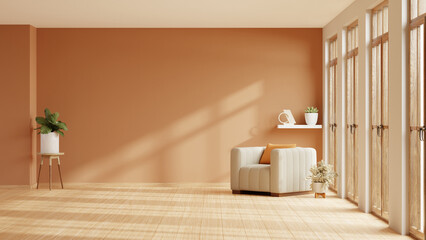 Home interior with an armchair on empty orange wall background,Minimal room- 3D rendering