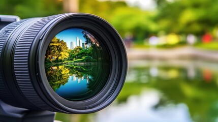 Camera Lens Capturing City Reflections in a Serene Park Setting