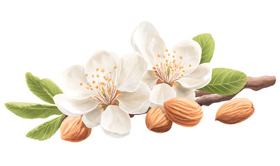 Realistic and artistic representations of almonds, almond farming, processing, and almond-based products like milk, butter, and oil isolated on a white background.