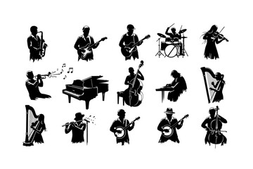 Silhouetted Musicians Playing Various Musical Instruments