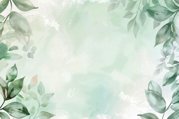 Pastel sage green background with soft botanical frame, light watercolor leaves in corners, fresh and earthy wedding invitation backdrop.