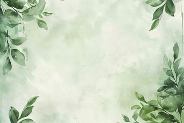 Pastel sage green background with soft botanical frame, light watercolor leaves in corners, fresh and earthy wedding invitation backdrop.